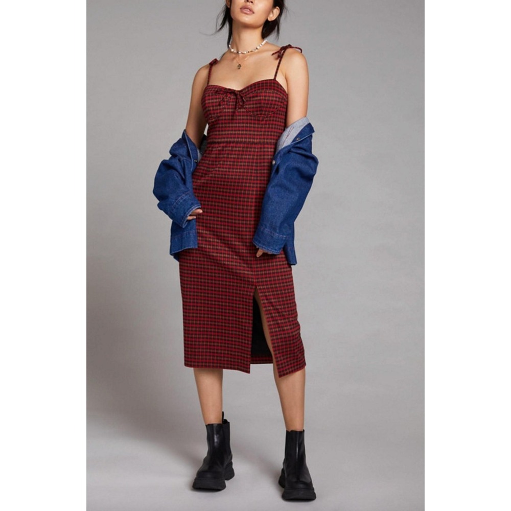 Hutch‎ Red Plaid Corset Midi Dress Tie Strap Grunge Coquette Goth Punk Size L